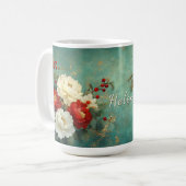 ヴィンテージパーソナライズされたクリスマスホワイトフローラ開花 コーヒーマグカップ (正面左)