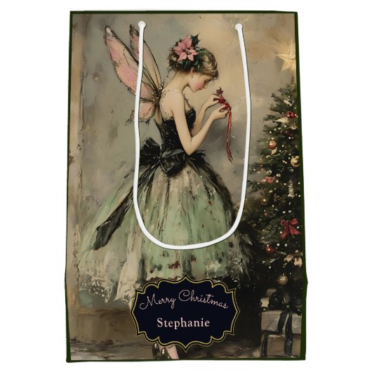 ヴィンテージパーソナライズされたクリスマス妖精の木 ミディアムペーパーバッグ (裏面)