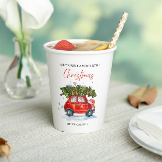 ヴィンテージパーソナライズされたクリスマス – ツリー付きレッドカー 紙コップ (インサイチュ)