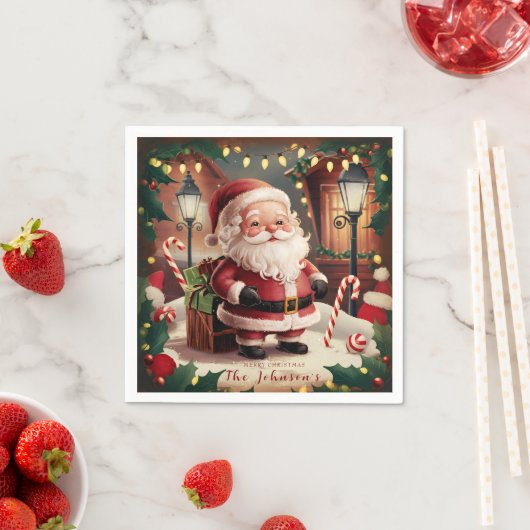 ヴィンテージパーソナライズされたサンタクロースレトロクリスマス スタンダードカクテルナプキン (インサイチュ)