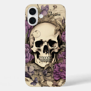 ヴィンテージパーソナライズされたスカルと紫色の花 iPhone 16 PLUSケース