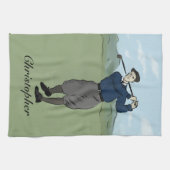 ヴィンテージパーソナライズされたスタイルゴルファーがクラブを振る キッチンタオル (横)