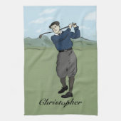 ヴィンテージパーソナライズされたスタイルゴルファーがクラブを振る キッチンタオル (縦)