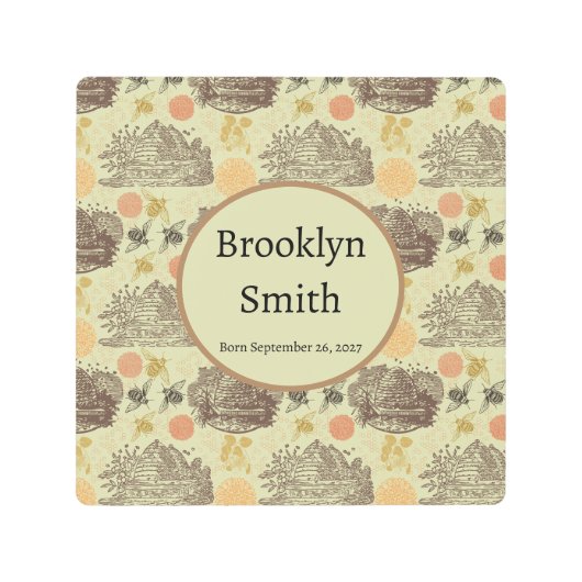 ヴィンテージパーソナライズされたハニー（昆虫）マルハナバチセージ メタルプリント (正面)