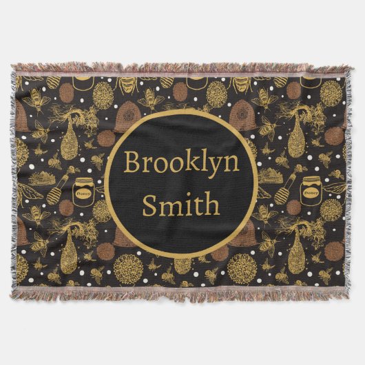 ヴィンテージパーソナライズされたハニー（昆虫）マルハナバチブラック スローブランケット (正面)