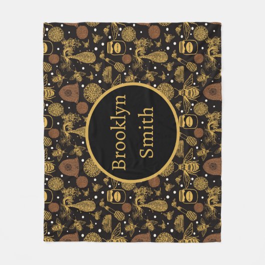 ヴィンテージパーソナライズされたハニー(昆虫)マルハナバチブラック フリースブランケット (正面)