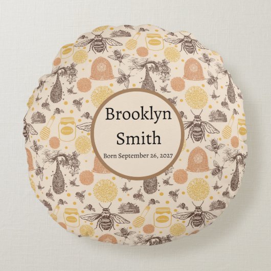 ヴィンテージパーソナライズされたハニー（昆虫）マルハナバチ ラウンドクッション (正面)