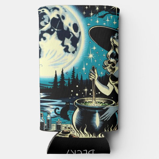 ヴィンテージパーソナライズされたハロウィーン魔女 スリム缶クーラー (裏面)