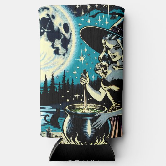 ヴィンテージパーソナライズされたハロウィーン魔女 スリム缶クーラー (正面)