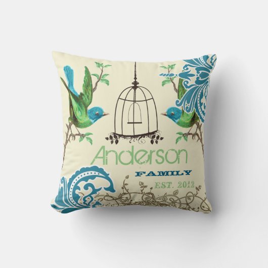 ヴィンテージパーソナライズされたバードバードケージダマスク クッション (正面)