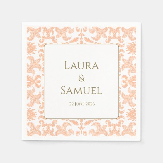 ヴィンテージパーソナライズされたピーチ結婚のナプキンス スタンダードカクテルナプキン (正面)