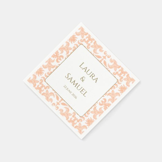 ヴィンテージパーソナライズされたピーチ結婚のナプキンス スタンダードカクテルナプキン (角)