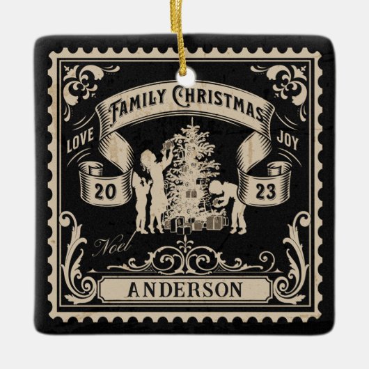 ヴィンテージパーソナライズされたファミリークリスマススタンプ セラミックオーナメント (正面)