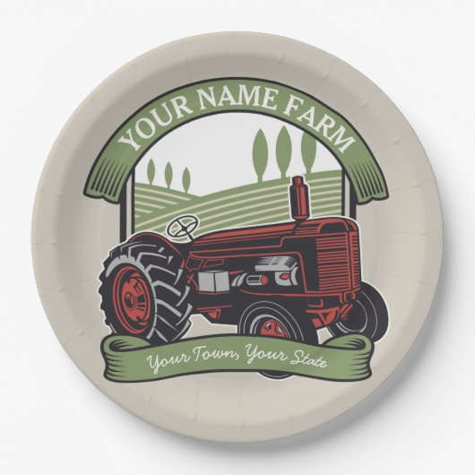 ヴィンテージパーソナライズされたファームトラクタカントリー農家 ペーパープレート (正面)