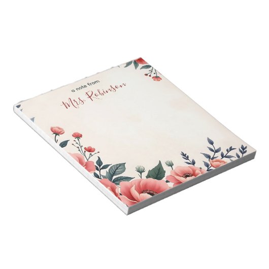 ヴィンテージパーソナライズされたフローラアクセント先生 ノートパッド (アングル)