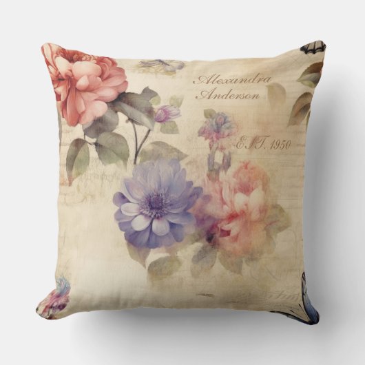 ヴィンテージパーソナライズされたフローラ水色ノルウェー語 クッション (正面)