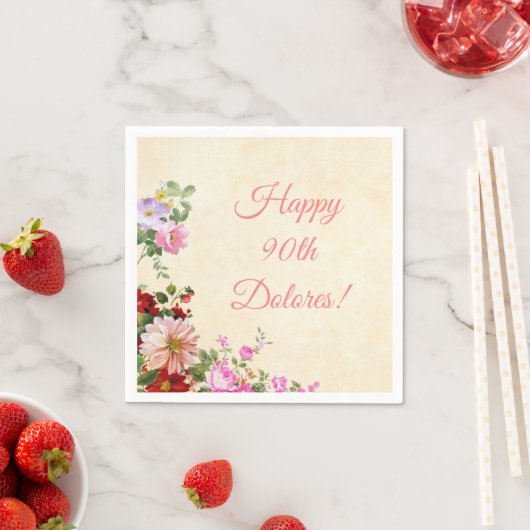 ヴィンテージパーソナライズされたフローラ90誕生日 スタンダードカクテルナプキン (インサイチュ)