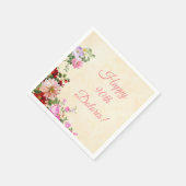 ヴィンテージパーソナライズされたフローラ90誕生日 スタンダードカクテルナプキン (角)