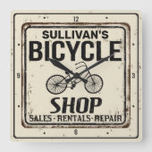 ヴィンテージパーソナライズされたルック自転車修理店 スクエア壁時計 (正面)