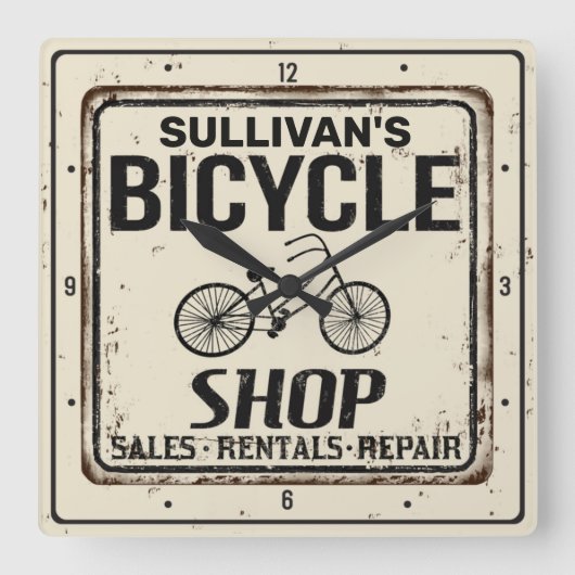ヴィンテージパーソナライズされたルック自転車修理店 スクエア壁時計 (正面)