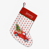 ヴィンテージパーソナライズされたレッドクリスマストラックスノーフレーク スモールクリスマスストッキング (正面 (吊り時))