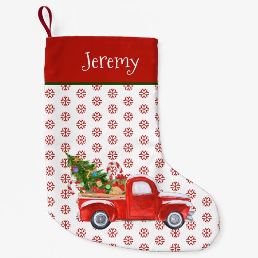 ヴィンテージパーソナライズされたレッドクリスマストラックスノーフレーク スモールクリスマスストッキング (正面)