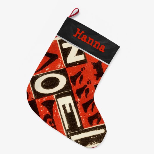 ヴィンテージパーソナライズされたレッドノールクリスマス ラージクリスマスストッキング (正面 (吊り時))