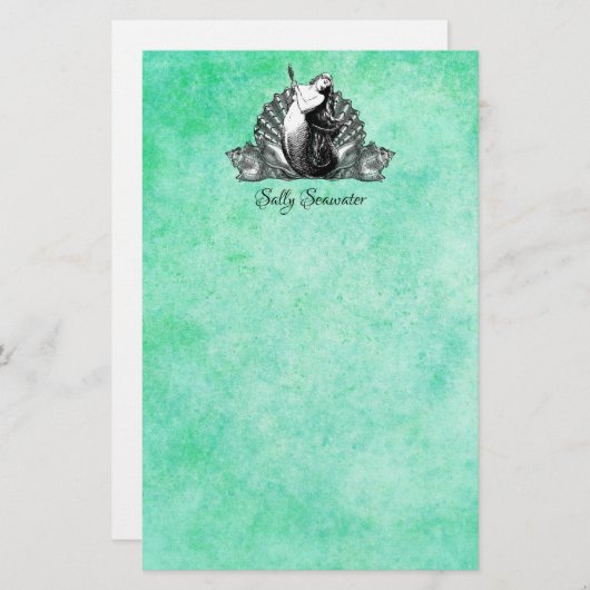ヴィンテージパーソナライズされた人魚の貝殻つき 便箋 (正面/裏面)