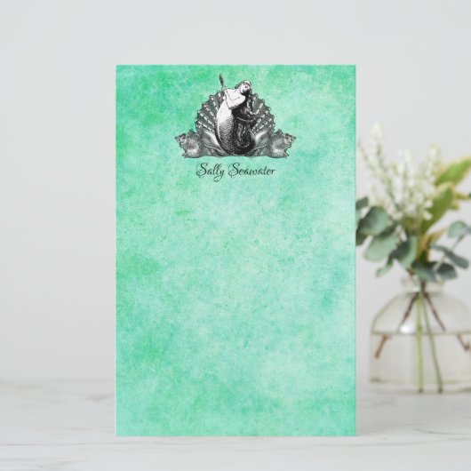 ヴィンテージパーソナライズされた人魚の貝殻つき 便箋 (スタンド正面)