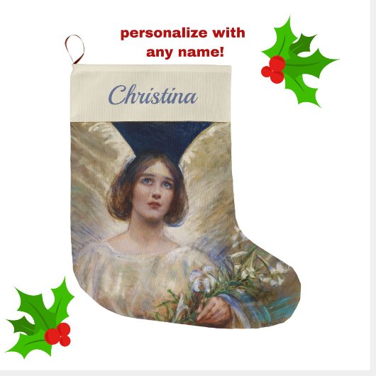 ヴィンテージパーソナライズされた天使と白ゆりの花 ラージクリスマスストッキング
