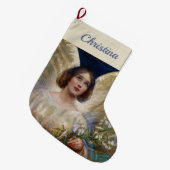 ヴィンテージパーソナライズされた天使と白ゆりの花 ラージクリスマスストッキング (正面 (吊り時))