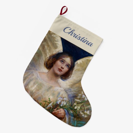 ヴィンテージパーソナライズされた天使と白ゆりの花 ラージクリスマスストッキング (正面 (吊り時))