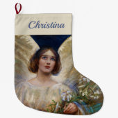 ヴィンテージパーソナライズされた天使と白ゆりの花 ラージクリスマスストッキング (正面)
