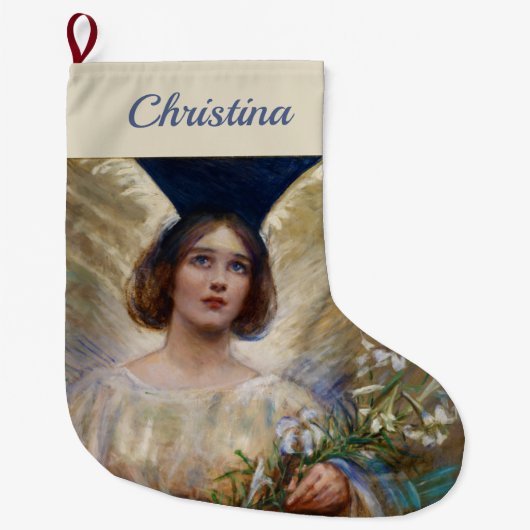 ヴィンテージパーソナライズされた天使と白ゆりの花 ラージクリスマスストッキング (正面)
