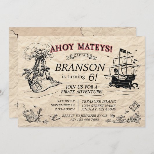 ヴィンテージパーソナライズされた海賊船誕生日 招待状 (正面/裏面)
