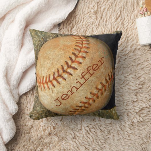 ヴィンテージパーソナライズされた白ソフトボール赤ステッチ クッション (ブランケット)