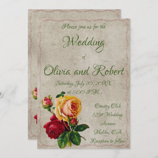 ヴィンテージパーソナライズされた赤と黄色のバラ 招待状 (正面/裏面)