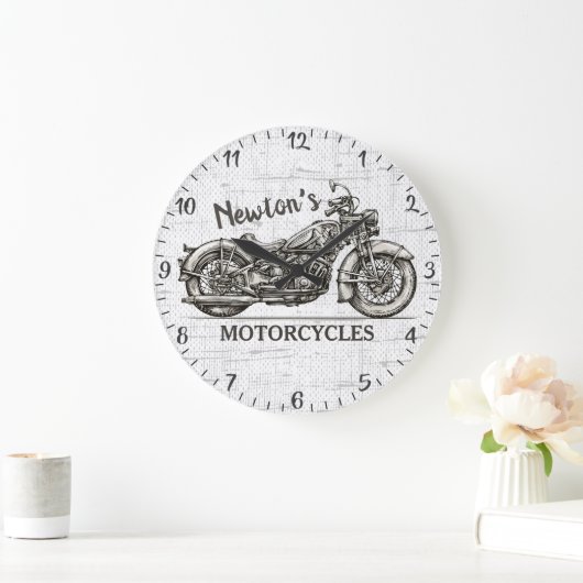 ヴィンテージパーソナライズされた車名バイクもしくは自転車に乗る人車庫 ラージ壁時計 (ホーム)