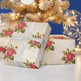 ヴィンテージパーチメントと赤バラ花パターン ラッピングペーパー