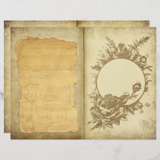 ヴィンテージパーチメントフローラエフェメラスクラップブック紙 (正面/裏面)