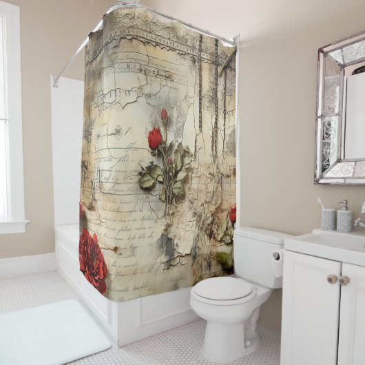 ヴィンテージパーチメント愛の手紙と花(10) シャワーカーテン (インサイチュ)