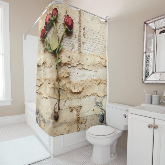 ヴィンテージパーチメント愛の手紙と花(2) シャワーカーテン (インサイチュ)