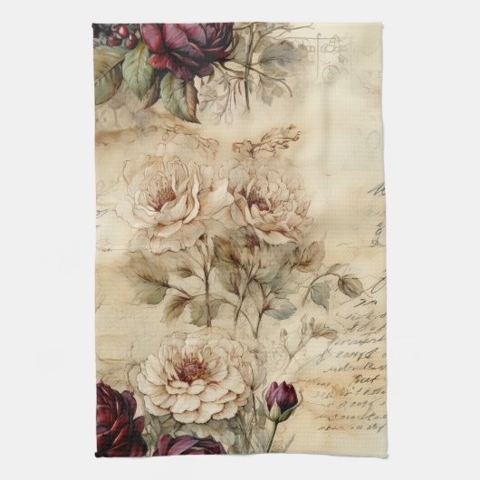 ヴィンテージパーチメント愛の手紙と花(7) キッチンタオル (縦)