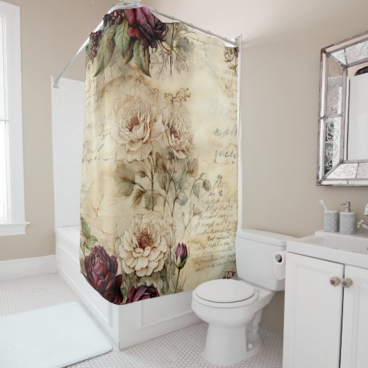 ヴィンテージパーチメント愛の手紙と花(7) シャワーカーテン (インサイチュ)