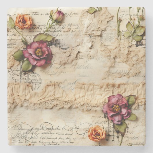 ヴィンテージパーチメント愛の手紙と花(8) ストーンコースター (正面)
