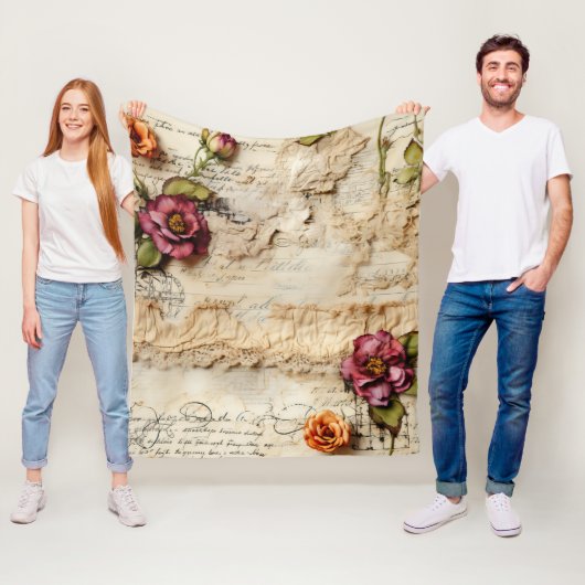 ヴィンテージパーチメント愛の手紙と花(8) フリースブランケット (インサイチュ)
