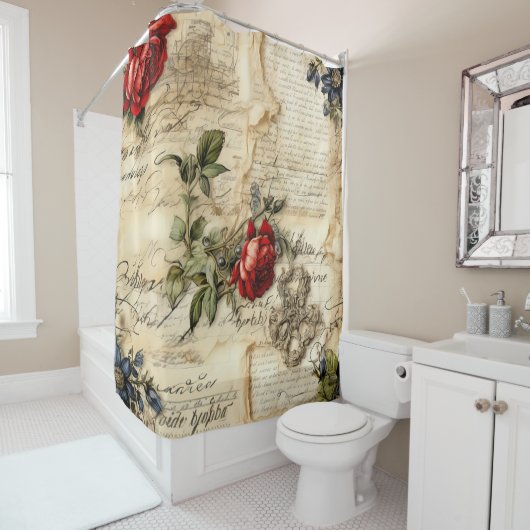ヴィンテージパーチメント愛の手紙と花(9) シャワーカーテン (インサイチュ)