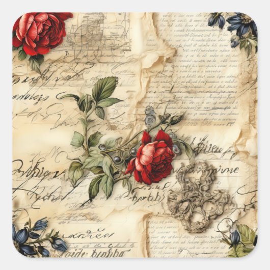 ヴィンテージパーチメント愛の手紙と花(9) スクエアシール (正面)