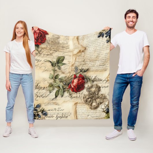 ヴィンテージパーチメント愛の手紙と花(9) フリースブランケット (インサイチュ)