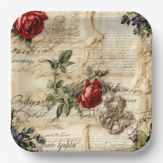 ヴィンテージパーチメント愛の手紙と花(9) ペーパープレート (正面)
